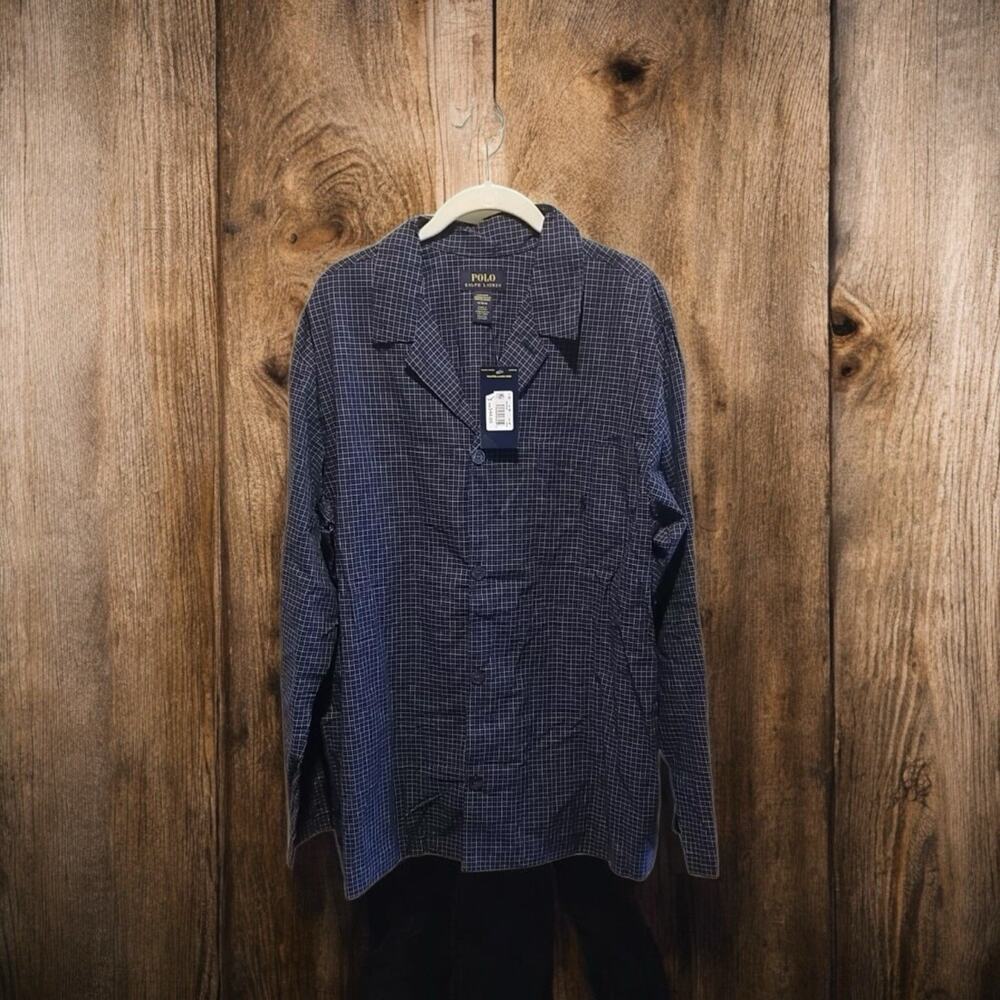 Polo Ralph‎ Lauren Men’s Medium Plaid Pajama Sleep Shirt Sleepwear Navy Blue NWT